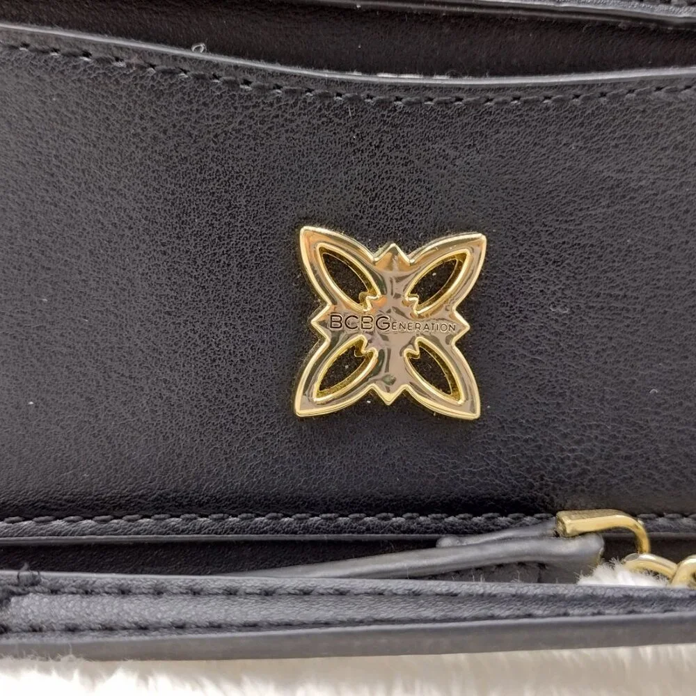 BCBGMAXAZRIA Black Sling / Mini Satchel/Crossbody Bag with Gold Clover Logo - Picture 3 of 8